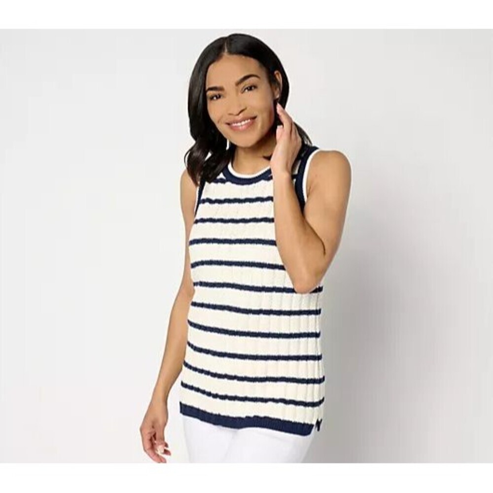 Joan Rivers Natural/Navy Striped Knit Tank Top Cotton 2X